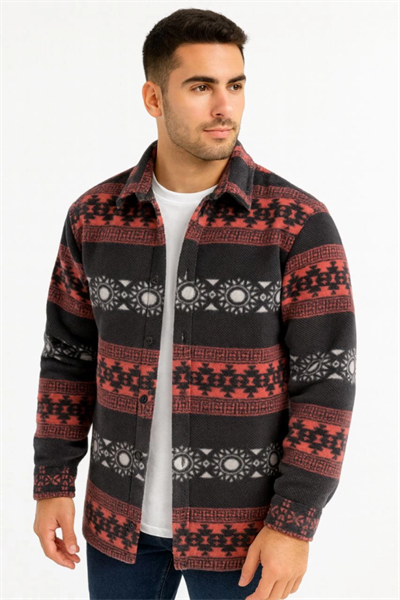 Erkek Desenli Polar Gömlek – Etnik Şerit Desen Yakalı, Uzun Kollu, Düğmeli, Oversize Rahat Kalıp - Füme