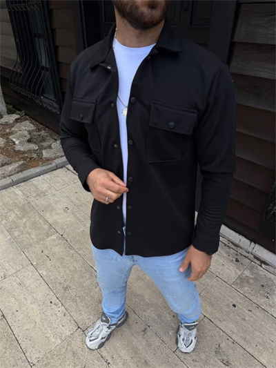 Erkek Diagonal Kumaş Cepli Çıtçıtlı Uzun Kollu, Gömlek Oversize Rahat Kalıp Günlük Şık Stil - Siyah