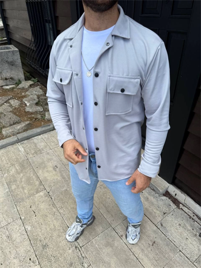 Erkek Diagonal Kumaş Cepli Çıtçıtlı Uzun Kollu, Gömlek Oversize Rahat Kalıp Günlük Şık Stil - Gri