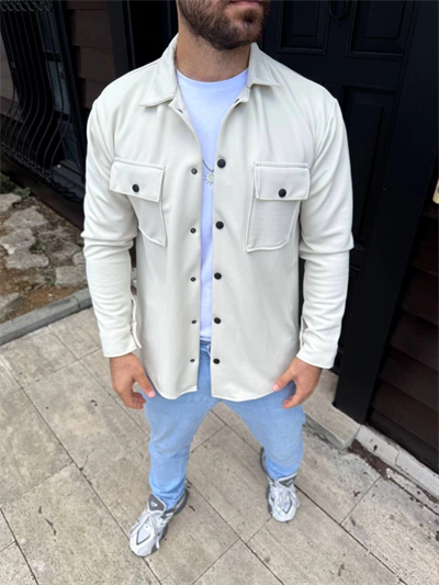 Erkek Diagonal Kumaş Cepli Çıtçıtlı Uzun Kollu, Gömlek Oversize Rahat Kalıp Günlük Şık Stil - Beyaz