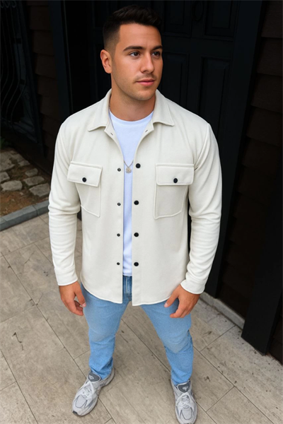 Erkek Diagonal Kumaş Cepli Çıtçıtlı Uzun Kollu, Gömlek Oversize Rahat Kalıp Günlük Şık Stil - Beyaz