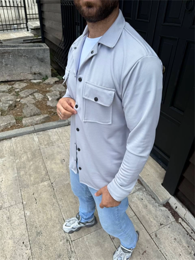 Erkek Diagonal Kumaş Cepli Çıtçıtlı Uzun Kollu, Gömlek Oversize Rahat Kalıp Günlük Şık Stil - Gri