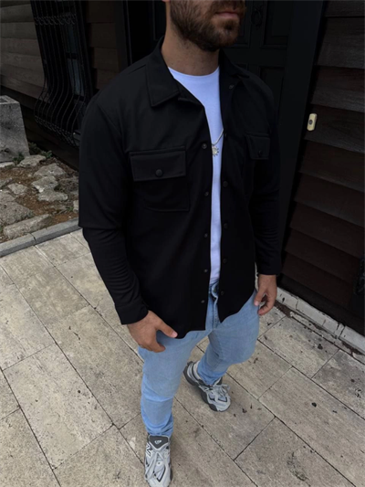Erkek Diagonal Kumaş Cepli Çıtçıtlı Uzun Kollu, Gömlek Oversize Rahat Kalıp Günlük Şık Stil - Siyah