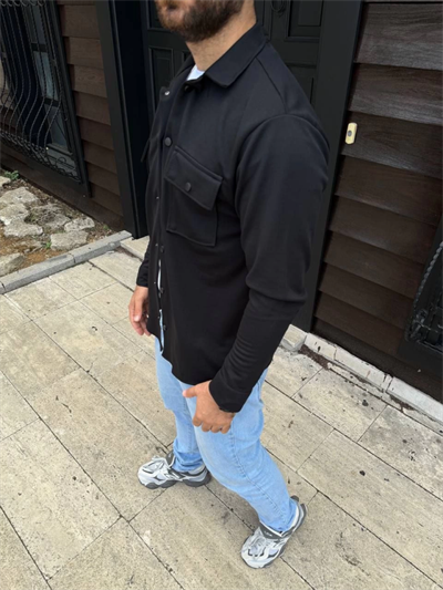 Erkek Diagonal Kumaş Cepli Çıtçıtlı Uzun Kollu, Gömlek Oversize Rahat Kalıp Günlük Şık Stil - Siyah