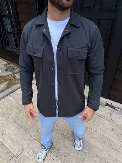 Erkek Diagonal Kumaş Cepli Çıtçıtlı Uzun Kollu, Gömlek Oversize Rahat Kalıp Günlük Şık Stil - Füme