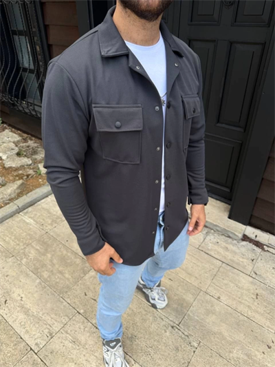 Erkek Diagonal Kumaş Cepli Çıtçıtlı Uzun Kollu, Gömlek Oversize Rahat Kalıp Günlük Şık Stil - Füme