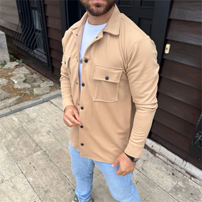 Erkek Diagonal Kumaş Cepli Çıtçıtlı Uzun Kollu, Gömlek Oversize Rahat Kalıp Günlük Şık Stil - Bej