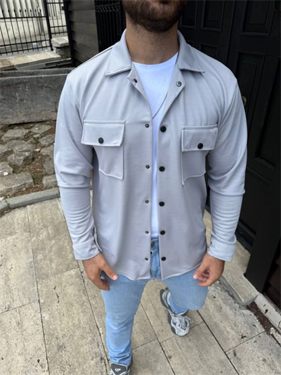 Erkek Diagonal Kumaş Cepli Çıtçıtlı Uzun Kollu, Gömlek Oversize Rahat Kalıp Günlük Şık Stil - Gri