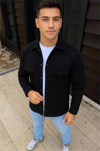 Erkek Diagonal Kumaş Cepli Çıtçıtlı Uzun Kollu, Gömlek Oversize Rahat Kalıp Günlük Şık Stil - Siyah