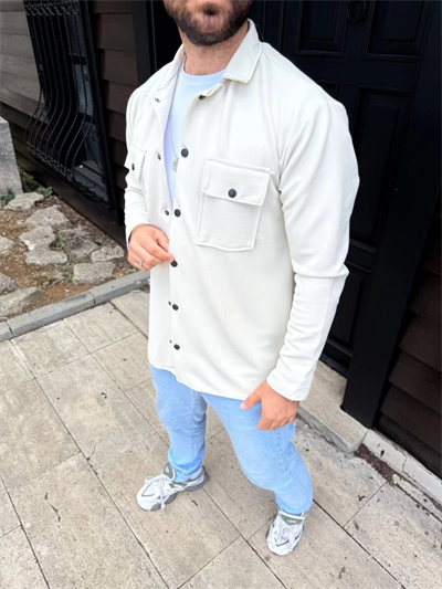 Erkek Diagonal Kumaş Cepli Çıtçıtlı Uzun Kollu, Gömlek Oversize Rahat Kalıp Günlük Şık Stil - Beyaz