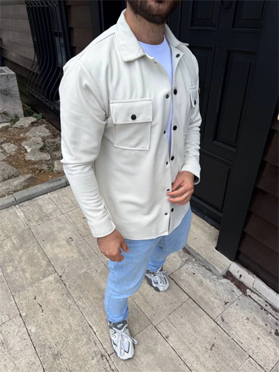 Erkek Diagonal Kumaş Cepli Çıtçıtlı Uzun Kollu, Gömlek Oversize Rahat Kalıp Günlük Şık Stil - Beyaz