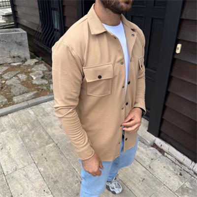 Erkek Diagonal Kumaş Cepli Çıtçıtlı Uzun Kollu, Gömlek Oversize Rahat Kalıp Günlük Şık Stil - Bej