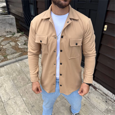 Erkek Diagonal Kumaş Cepli Çıtçıtlı Uzun Kollu, Gömlek Oversize Rahat Kalıp Günlük Şık Stil - Bej