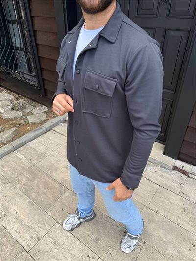 Erkek Diagonal Kumaş Cepli Çıtçıtlı Uzun Kollu, Gömlek Oversize Rahat Kalıp Günlük Şık Stil - Füme
