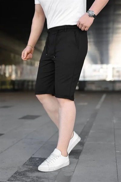 Erkek Diagonel Kumaş Duble Paça Cepli Bağcıklı Bel Lastikli ŞORT - Siyah