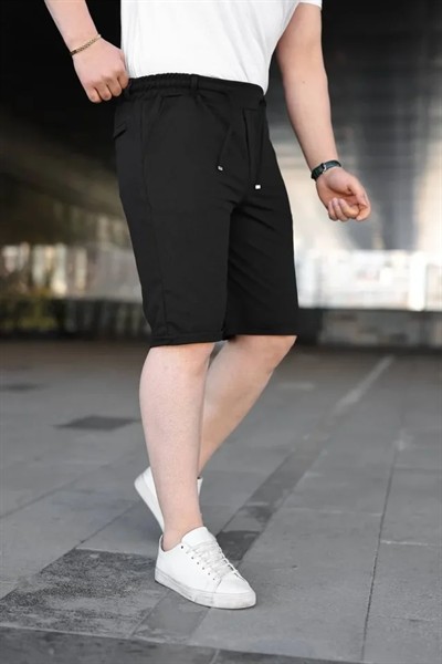 Erkek Diagonel Kumaş Duble Paça Cepli Bağcıklı Bel Lastikli ŞORT - Siyah