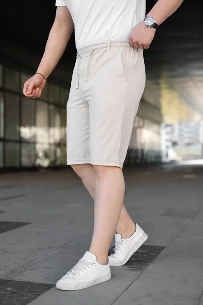 Erkek Diagonel Kumaş Duble Paça Cepli Bağcıklı Bel Lastikli ŞORT - Krem