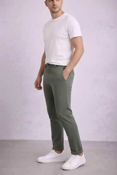 Erkek Diagonel Mikro Dokulu Duble Paça Cepli Pantolon Bağcıklı Bel, Modern Kesim - Haki