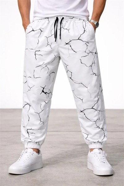 Erkek Dijital Baskılı Eşofman Altı Kışlık Üç İplik Şardonlu Kumaş Lastikli Paça, Cepli, Rahat Kalıp - Beyaz