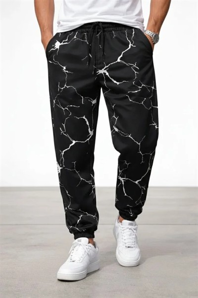 Erkek Dijital Baskılı Eşofman Altı Kışlık Üç İplik Şardonlu Kumaş Lastikli Paça, Cepli, Rahat Kalıp - Siyah