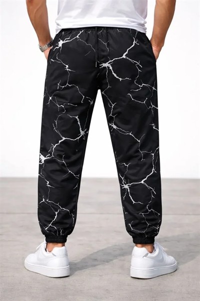 Erkek Dijital Baskılı Eşofman Altı Kışlık Üç İplik Şardonlu Kumaş Lastikli Paça, Cepli, Rahat Kalıp - Siyah