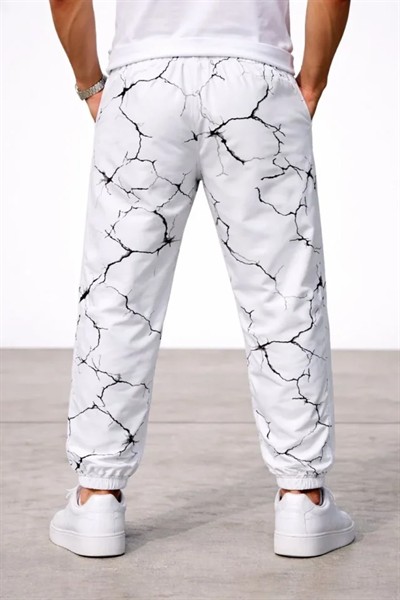 Erkek Dijital Baskılı Eşofman Altı Kışlık Üç İplik Şardonlu Kumaş Lastikli Paça, Cepli, Rahat Kalıp - Beyaz