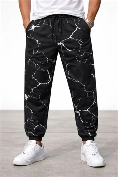 Erkek Dijital Baskılı Eşofman Altı Kışlık Üç İplik Şardonlu Kumaş Lastikli Paça, Cepli, Rahat Kalıp - Siyah