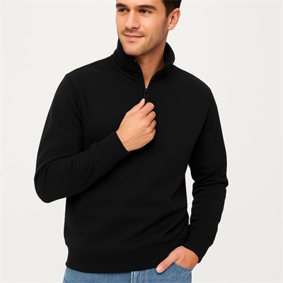 Erkek Dik Yaka Sweatshirt Dik Yaka Yarım Fermuarlı 3 İplik Şardonlu Pamuk Kumaş - Siyah