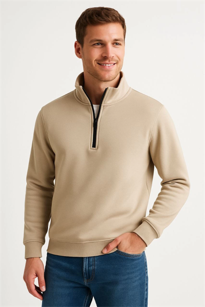 Erkek Dik Yaka Sweatshirt Dik Yaka Yarım Fermuarlı 3 İplik Şardonlu Pamuk Kumaş - Bej