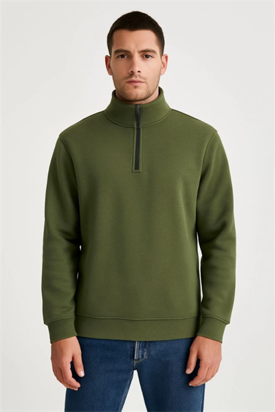 Erkek Dik Yaka Sweatshirt Dik Yaka Yarım Fermuarlı 3 İplik Şardonlu Pamuk Kumaş - Haki