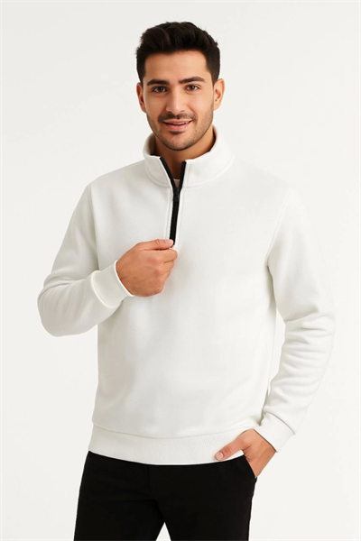 Erkek Dik Yaka Sweatshirt Dik Yaka Yarım Fermuarlı 3 İplik Şardonlu Pamuk Kumaş - Beyaz