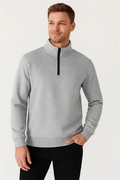 Erkek Dik Yaka Sweatshirt Dik Yaka Yarım Fermuarlı 3 İplik Şardonlu Pamuk Kumaş - Gri