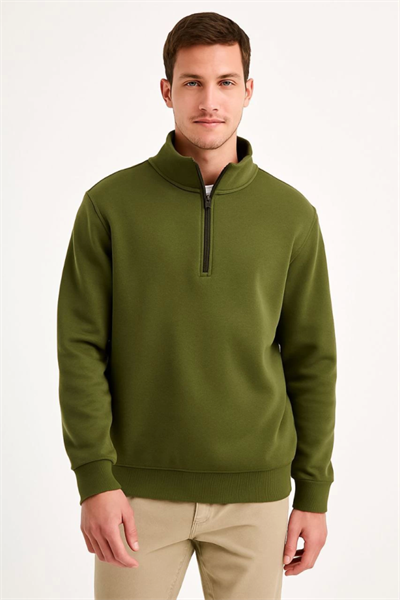 Erkek Dik Yaka Sweatshirt Dik Yaka Yarım Fermuarlı 3 İplik Şardonlu Pamuk Kumaş - Haki