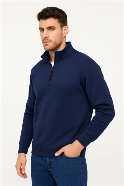 Erkek Dik Yaka Sweatshirt Dik Yaka Yarım Fermuarlı 3 İplik Şardonlu Pamuk Kumaş - Lacivert