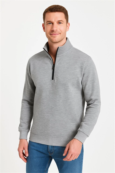 Erkek Dik Yaka Sweatshirt Dik Yaka Yarım Fermuarlı 3 İplik Şardonlu Pamuk Kumaş - Gri