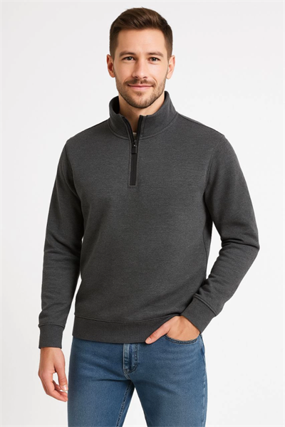 Erkek Dik Yaka Sweatshirt Dik Yaka Yarım Fermuarlı 3 İplik Şardonlu Pamuk Kumaş - Antrasit