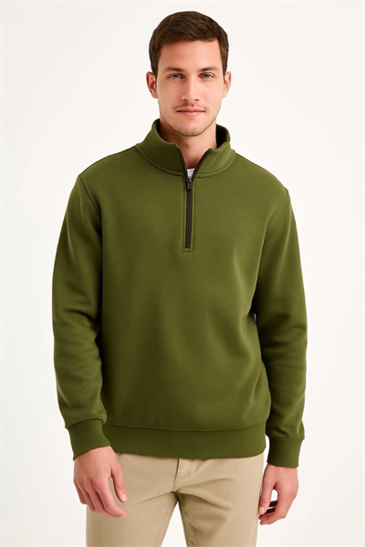 Erkek Dik Yaka Sweatshirt Dik Yaka Yarım Fermuarlı 3 İplik Şardonlu Pamuk Kumaş - Haki