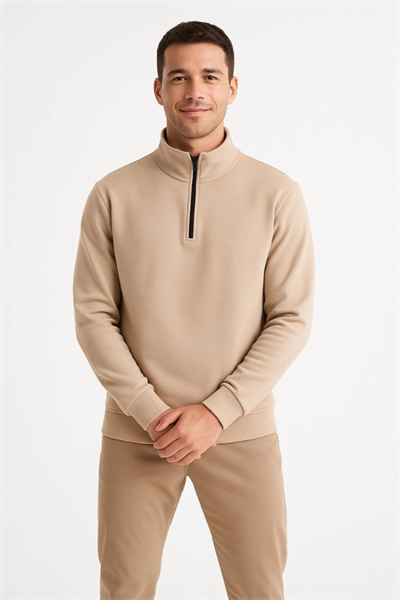 Erkek Dik Yaka Sweatshirt Dik Yaka Yarım Fermuarlı 3 İplik Şardonlu Pamuk Kumaş - Bej