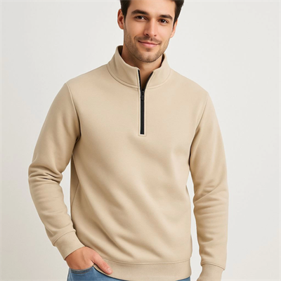 Erkek Dik Yaka Sweatshirt Dik Yaka Yarım Fermuarlı 3 İplik Şardonlu Pamuk Kumaş - Bej