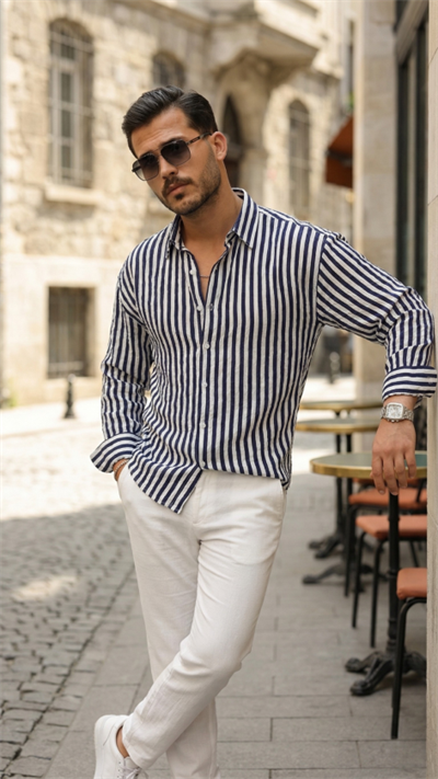 Erkek Dikey Çizgili Yarım Oversize Gömlek