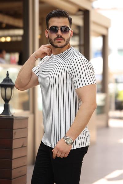 Erkek Dikey çizgili Ottoman Kumaş Kısa Kollu T-shirt