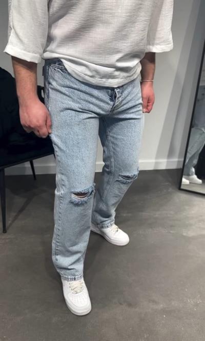 Erkek Dizi Yırtık Detaylı Kar Yıkama Baggy Jeans