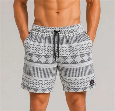 Erkek Dokuma Etnik Desenli Şort Lastikli Bel Bağcıklı Cepli Yazlık Rahat - Gri