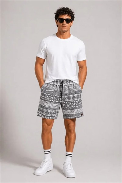 Erkek Dokuma Etnik Desenli Şort Lastikli Bel Bağcıklı Cepli Yazlık Rahat - Gri