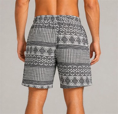 Erkek Dokuma Etnik Desenli Şort Lastikli Bel Bağcıklı Cepli Yazlık Rahat - Gri