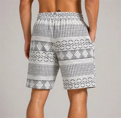 Erkek Dokuma Etnik Desenli Şort Lastikli Bel Bağcıklı Cepli Yazlık Rahat - Gri