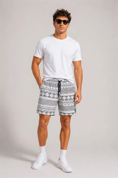 Erkek Dokuma Etnik Desenli Şort Lastikli Bel Bağcıklı Cepli Yazlık Rahat - Gri