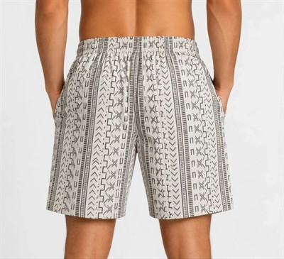Erkek Dokuma Şort Etnik Desenli Lastikli Bağcıklı Bel Cepli Yazlık Rahat - Bej