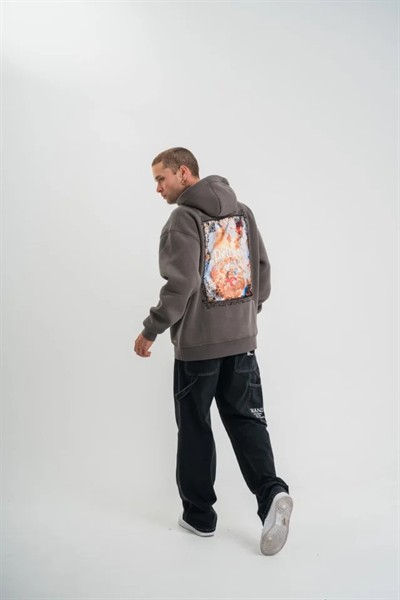 Erkek Double Oversize Kapüşonlu Sweatshirt 3 İplik Pamuklu Göğüs Nakışlı Premium Kalite – Antrasit