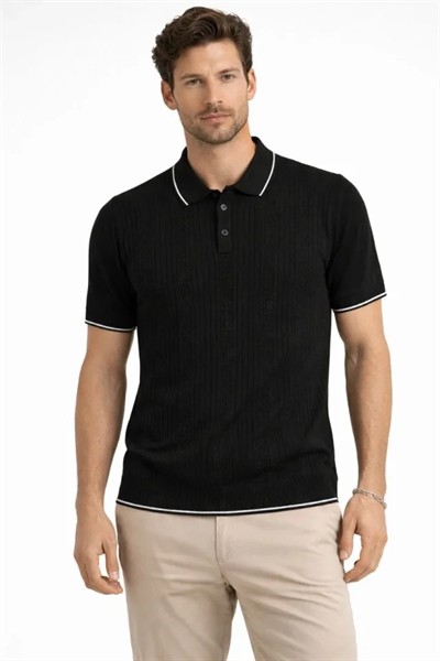 Erkek Düğmeli Yaka Triko Dokuma Tişört Desenli Yazlık  Şık Günlük Triko Tişört - Siyah